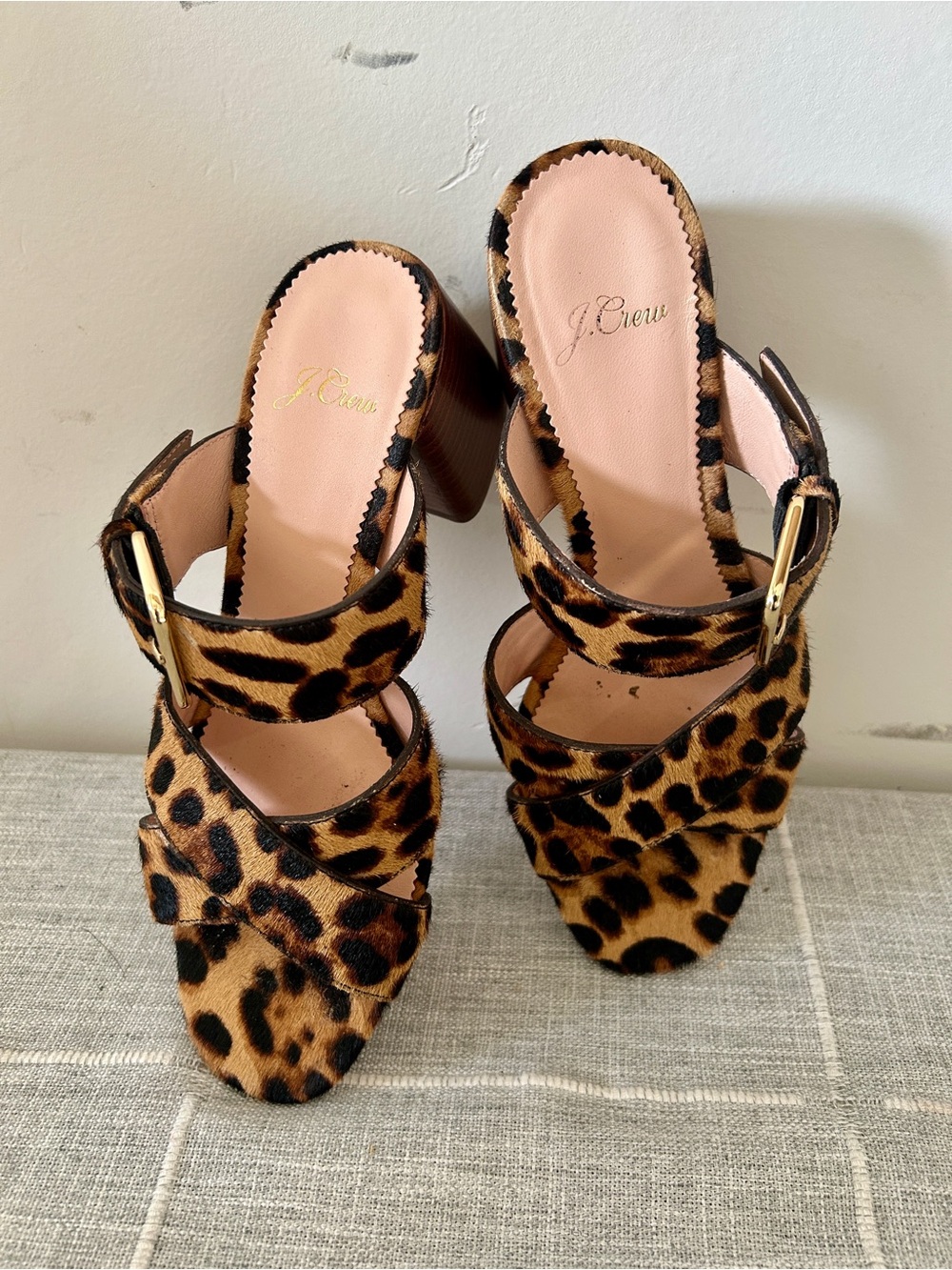J. Crew Leopard-Print Heeled Slide Sandals with Gold Buckle